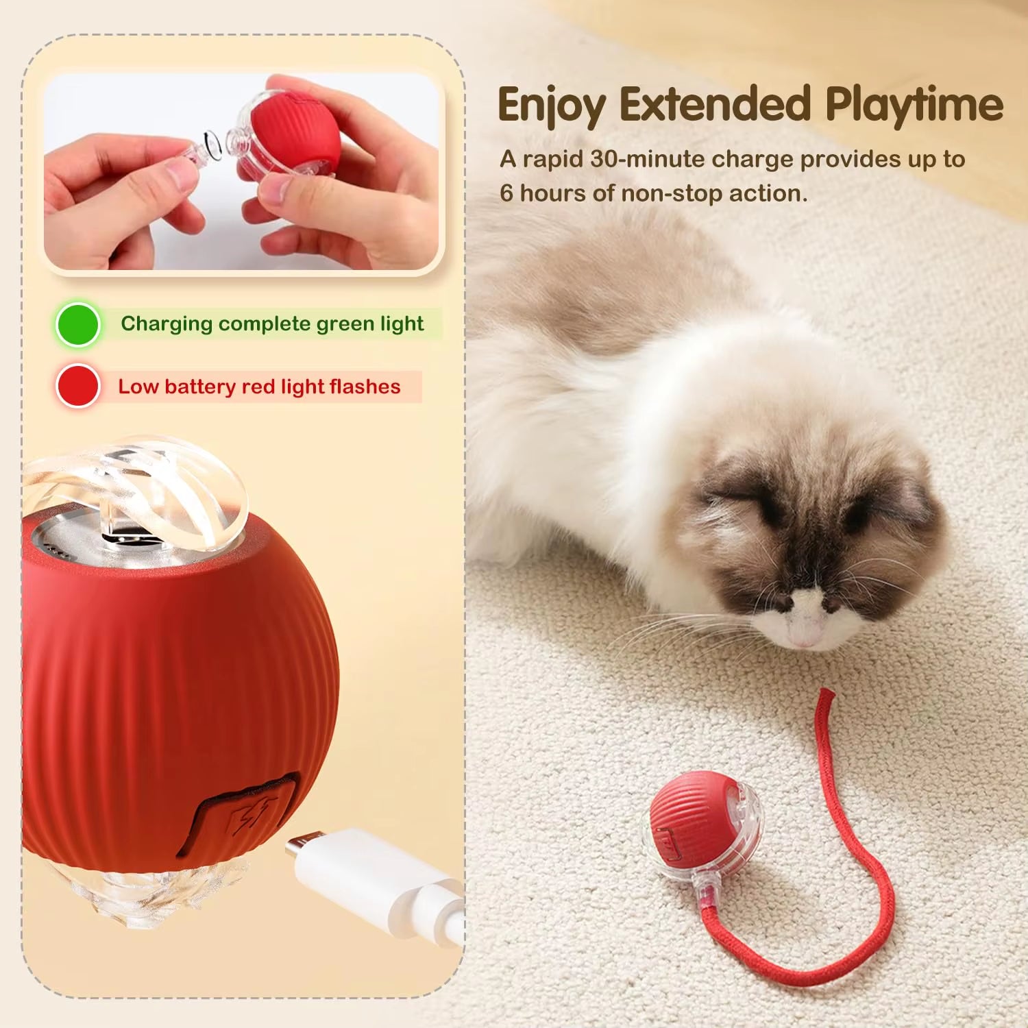 Smart Interactive Cat Ball - Rechargeable Rolling Toy with Tail